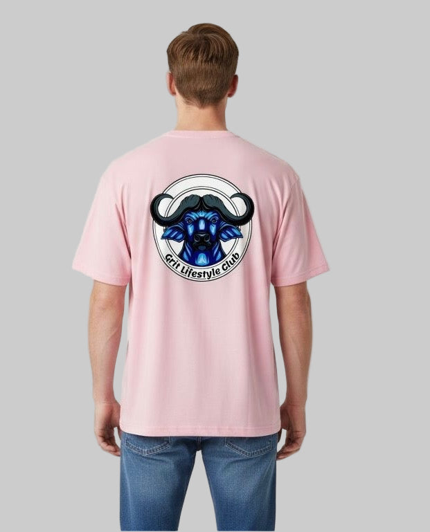 Person wearing a pink t-shirt with a logo on the back against a plain background