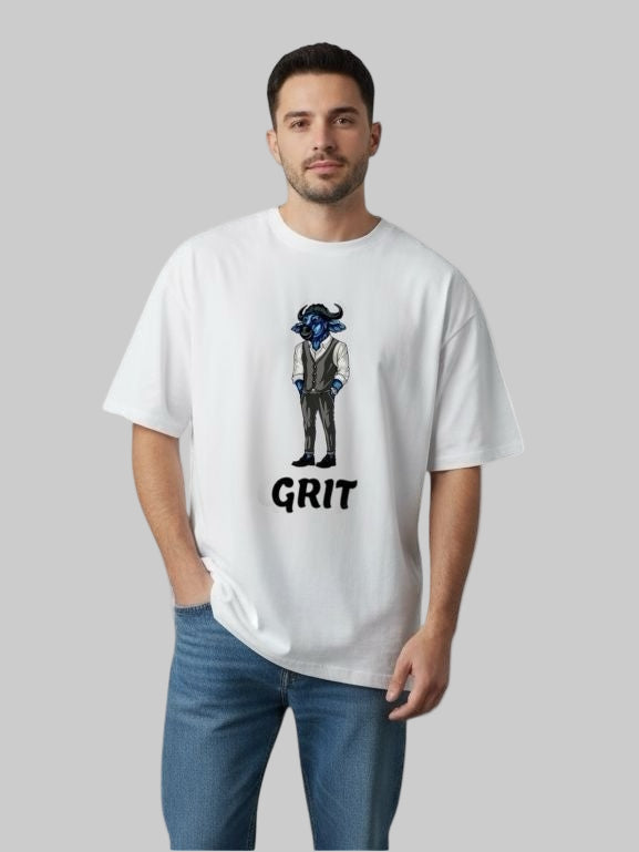 Man wearing a white t-shirt with a graphic design and the word 'GRIT' on a plain background